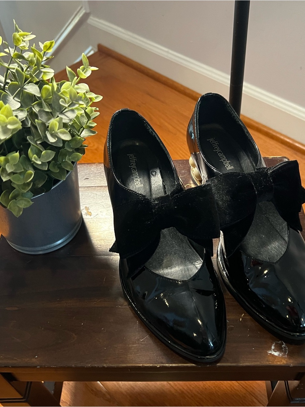 Jeffrey Campbell Black Patent Pointed Toe Flats with Velvet Bow Pearl Heel